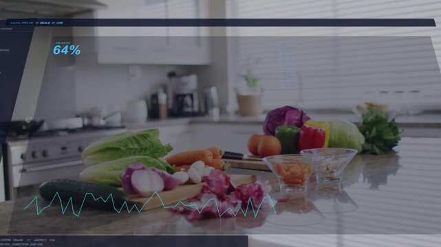 Displaying HUD overlay on first frame showing 64% with teal graph over kitchen board with veg