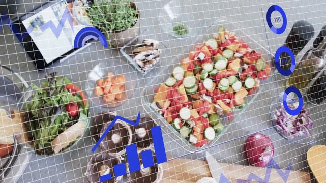 Tablet starting scan over kitchen prep, AR overlay scanning dish and forming nutrition charts