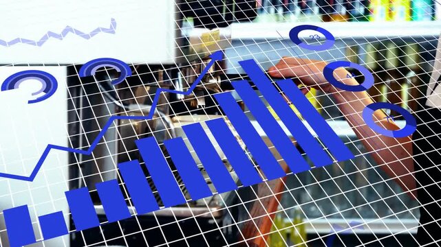 Barista hand entering, using espresso machine, generating blue AR charts showing coffee sales