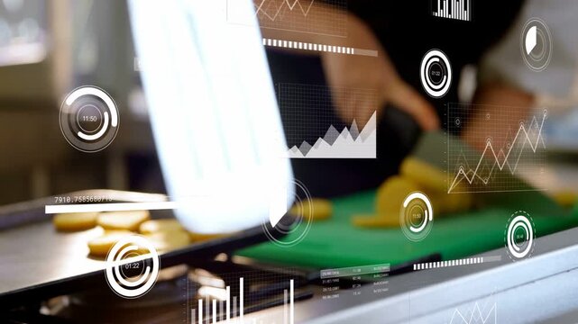 Camera focusing on slotted spatula, shifting to chef's hands slicing rounds, HUD cues guiding prep