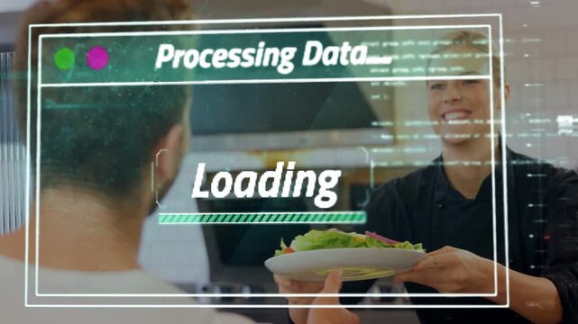 Chef extending salad plate at kitchen pass while loading UI prompts customer reaching serving order