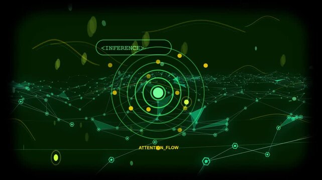 Ring hub pulsing core starting orbiting nodes, mesh flowing, packets dropping, showing attention