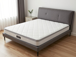 Fototapeta premium Modern mattress on a stylish bed in a bright bedroom with natural light