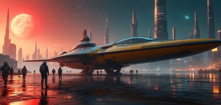 Astronauts walk near a yellow spaceship on a futuristic alien planet. Tall glowing buildings rise in the background under a large red moon and starry sky. Space exploration and advanced tech merge.