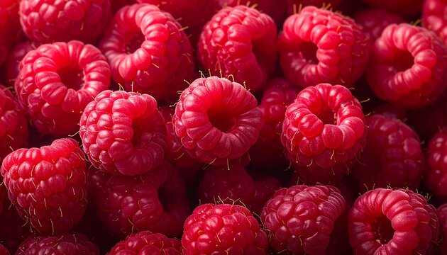 Fresh raspberries macro background with juicy texture and vibrant red color and copy space