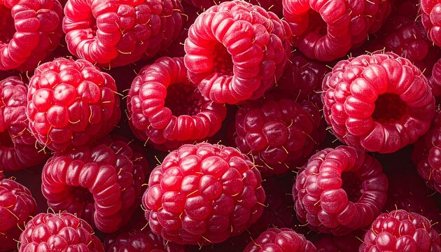 Fresh raspberries macro background with juicy texture and vibrant red color and copy space