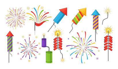 Fototapeta premium Firecrackers fireworks vector flat colorful celebration set illustration
