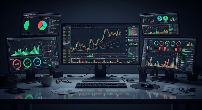 A desk is illuminated by multiple monitors displaying trading charts and financial data