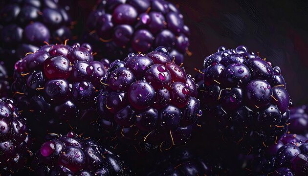 Macro of fresh ripe blackberries with water droplets in dramatic cinematic lighting on dark background