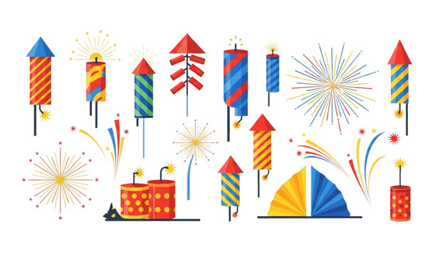 Fireworks collection vector colorful flat firecrackers festive design set