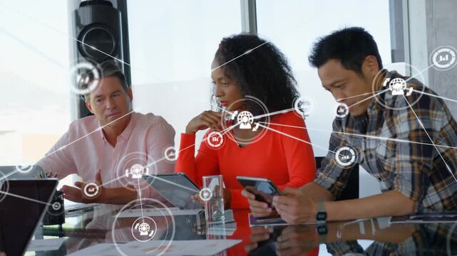 Business team analyzing data, woman raising stylus and tapping tablet causing overlay filling frame