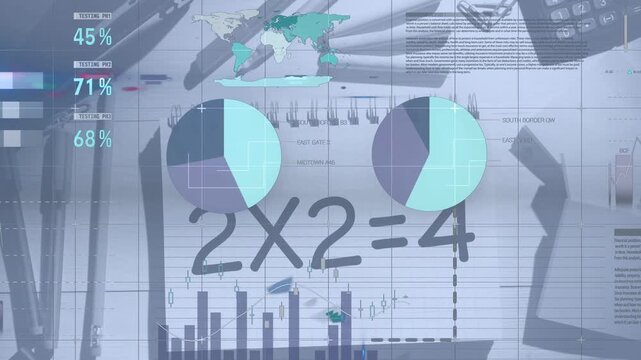 Data overlays appearing handwritten equation 2X2=4 animating over notebook and pens showing data