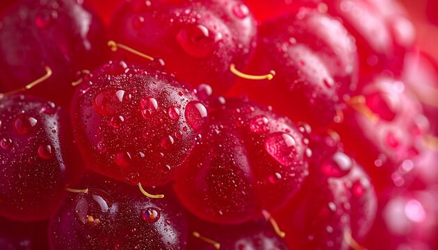 Macro pattern of fresh red raspberries with water droplets for organic food background