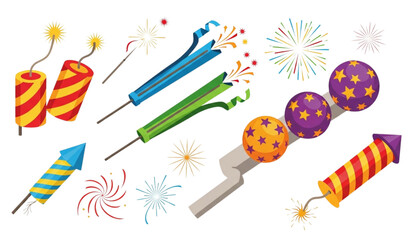 Colorful fireworks vector set firecrackers petards flat festive illustration © Keyapayal