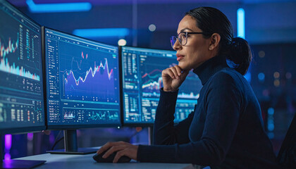 Fototapeta premium Focused female expert analyzes complex financial charts on multiple monitors in a hightech dark office. Ideal for themes of data science, stock trading, and advanced cybersecurity tech.