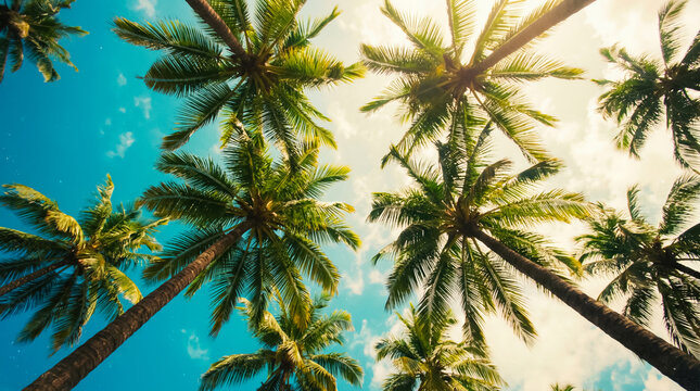 Bottom view of tropical palm trees crowns against blue sky with sun flare