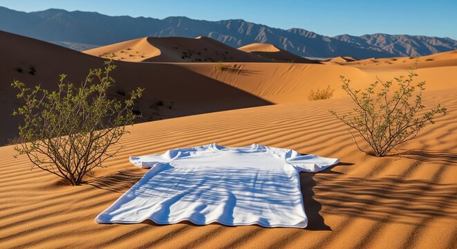 White t-shirt laid flat on rippled desert sand dunes with scrubby bushes and mountains in background