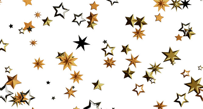 Festive background of golden and black star confetti on a white backdrop. Perfect for celebratory designs and holiday th