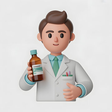 3D cartoon doctor holding medicine bottle in professional healthcare setting