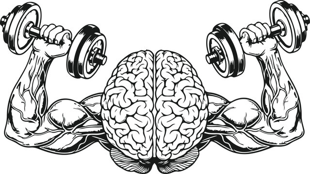 Human brain anatomy with muscular arms lifting weights for intelligence development and mental health awareness art