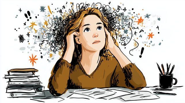 Brainstorming the Overwhelmed: A person grapples with the weight of myriad thoughts, captured in an illustration of internal struggles.