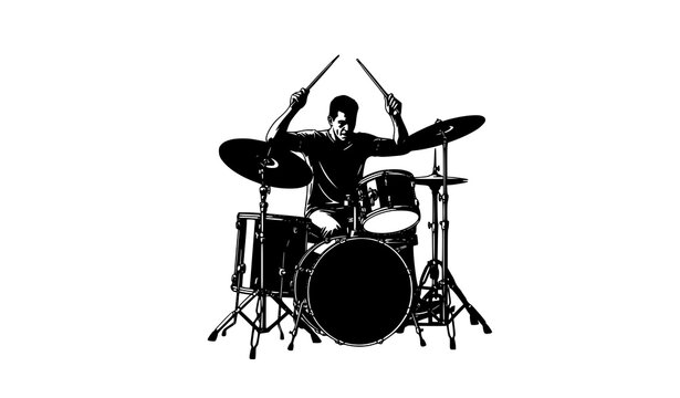 Drummer Silhouette Playing Drum Kit Music Vector Illustration