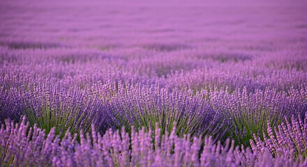 Fototapeta premium Vast blooming lavender field stretching to the horizon under a soft natural light creating a serene and picturesque rural landscape