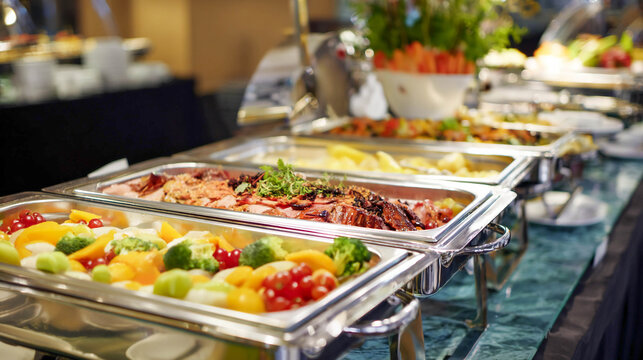 A buffet with a variety of hot dishes in stainless marmite molds: meat, vegetables, pasta, and side dishes decorated with herbs and fresh tomatoes, catering and buffet concepts.