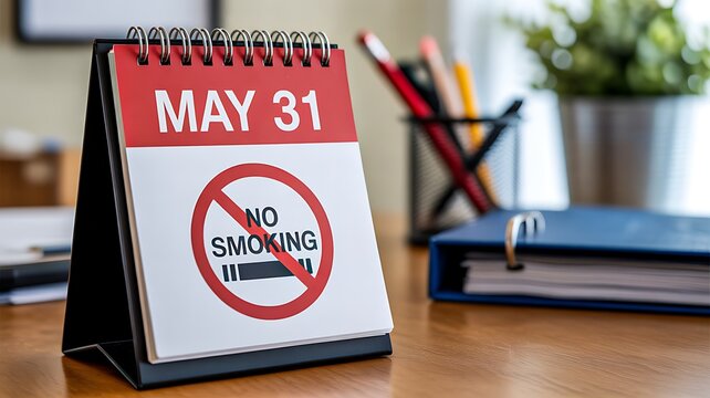 May 31 no smoking day calendar on desk with office supplies awareness concept