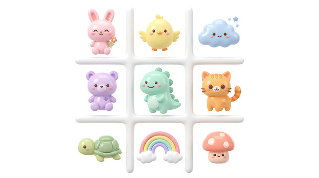 Tic tac toe game with adorable cartoon animals on transparent background