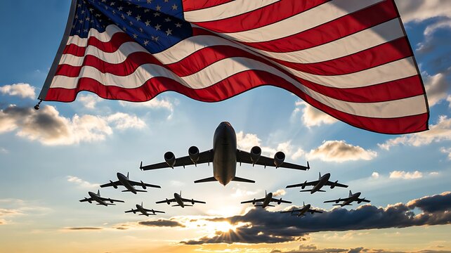 Military aircraft formation flying under american flag symbolizing patriotism and national defense strength