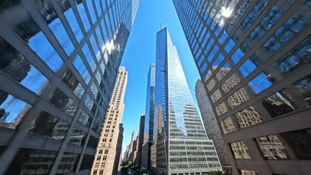 Low angle view of modern skyscrapers in New York City with the clear blue sky above