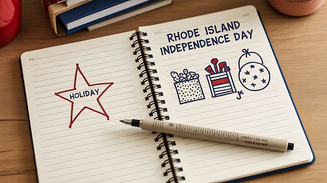 Rhode island independence day notebook with holiday sketches and pen on wooden desk background