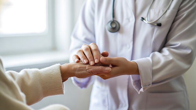 Doctor holding patient hand in hospital setting representing care support and medical trust concept