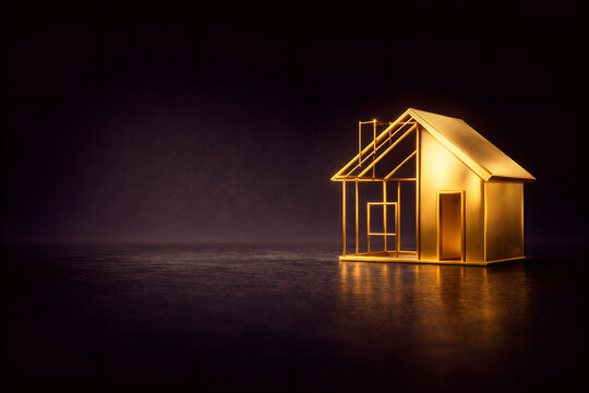 Polished 24k gold wireframe house on premium studio, luxury residential property investment concept