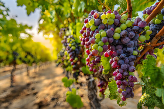 Close-up of ripe red grapes hanging on a vine in a sunny vineyard