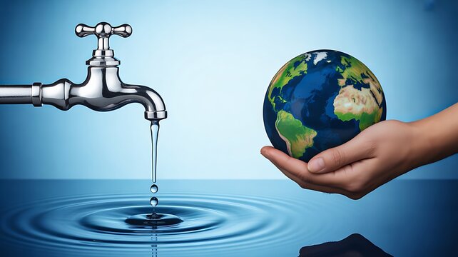 Water tap and hand holding earth globe water conservation environmental concept photo 