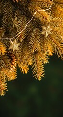 Naklejka premium Golden Christmas tree branch with pine cones and star ornaments illuminated by warm fairy lights, evoking festive holiday cheer and winter season beauty