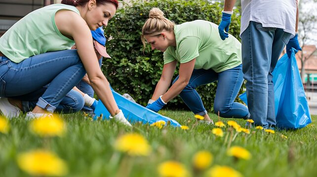 Volunteers cleaning park collecting trash environmental community service concept photo 