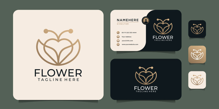 Minimalist beauty monogram love flower logo design elements with business card