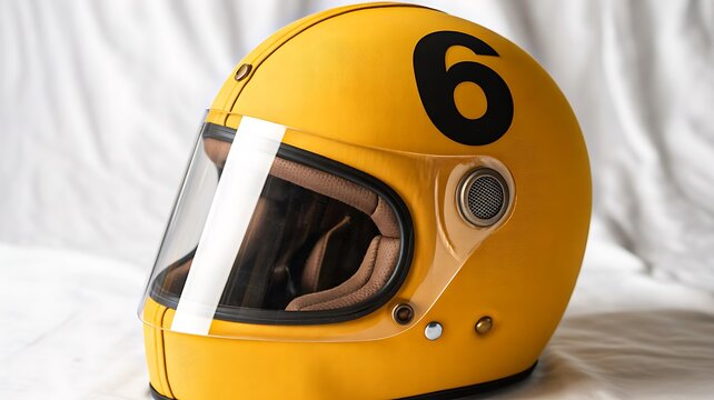 Yellow vintage motorcycle helmet with number design safety gear concept photo 