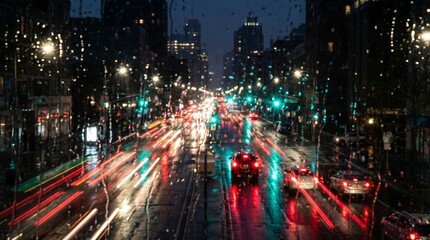 Obraz premium A vibrant time lapse of urban traffic flows through the Shanghai downtown skyline as glowing car lights streak past skyscrapers on a busy highway at night