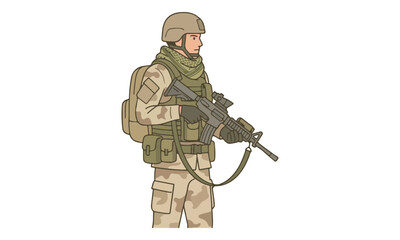Obraz premium Soldier in desert camouflage with assault rifle and tactical gear