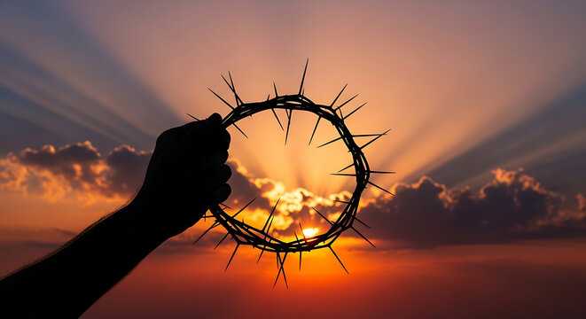 A silhouette of a hand holding a crown of thorns against a vibrant sunset sky