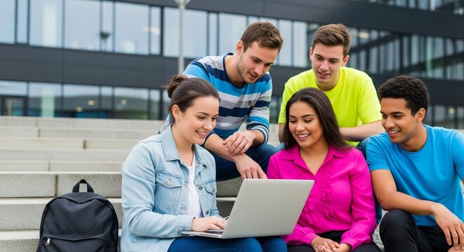 Diverse group of young students collaborating on a laptop on university steps diverse friendship