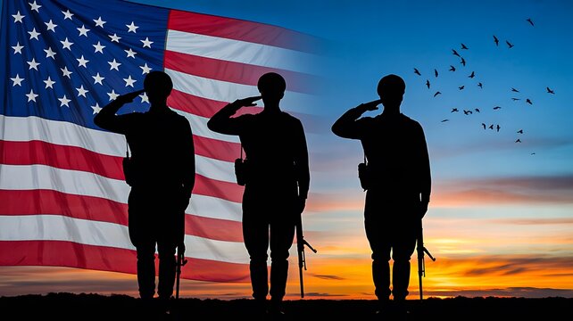 Silhouettes of soldiers saluting american flag at sunset patriotic military concept
