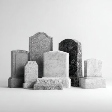 Minimalist arrangement of grave markers in grayscale tones on white surface
