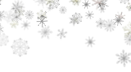 Fototapeta premium Falling snowflakes on a white background, perfect for winter and Christmas designs.