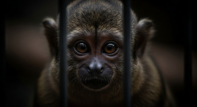 Close up of a young monkey with large expressive eyes behind cage bars