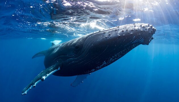 Humpback whale swims underwater in sunlit, blue ocean